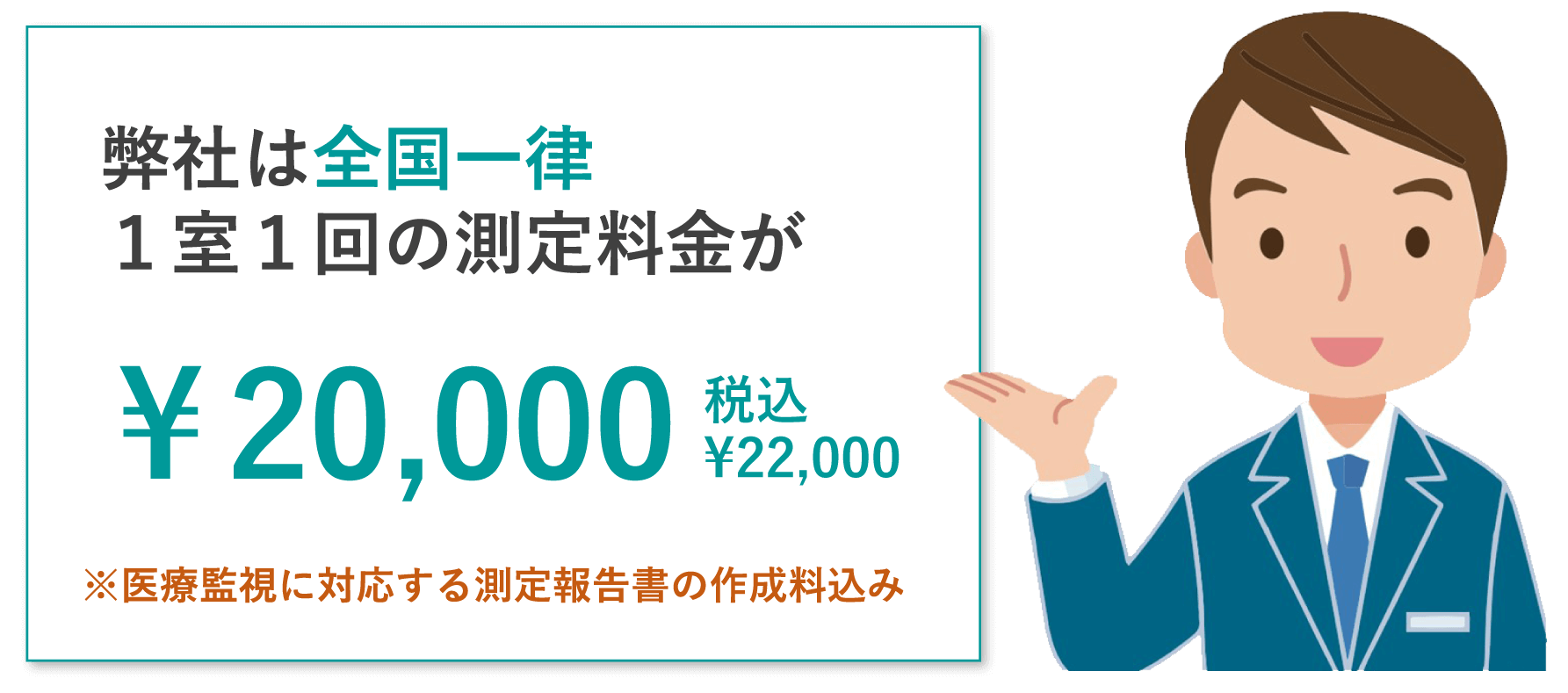 弊社は全国一律１室１回の測定料金が¥20,000（税込¥22,000）※医療医療監視に対応する測定報告書の作成料込み